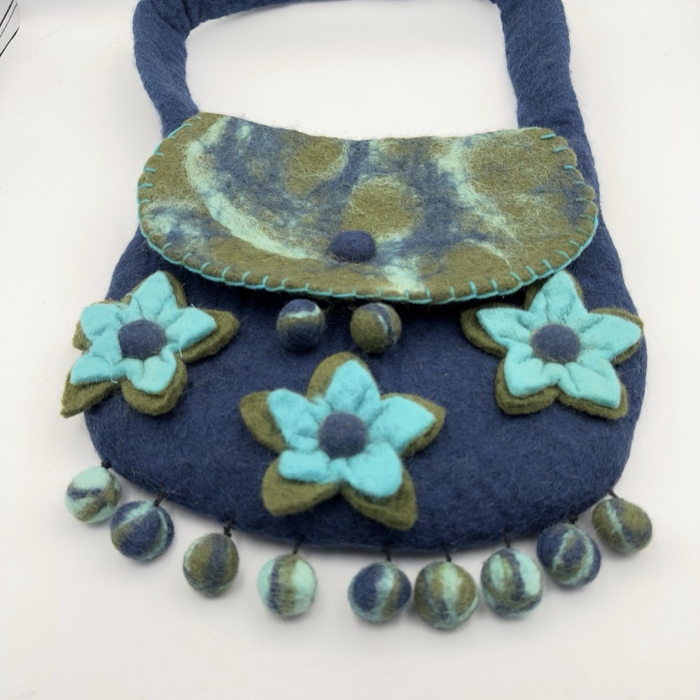 Rising Tide Boho Felted 100% Wool Purse Blue Green Floral Bag Made In Nepal - Picture 2 of 10